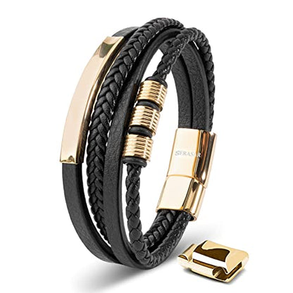 SERASAR Men's Leather Bracelet with Stainless Steel Magnetic Clasp - color: Gold, size: 20cm, style: Brave