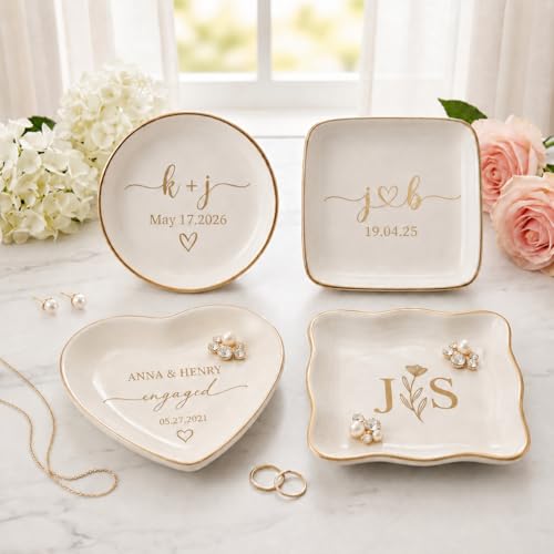 Personalized Jewelry Dish with Initials & Date, Custom Ring Dish for Engagement Rings, Bridesmaid Gifts, Bridal Shower Wedding Gift for Bride, Birthday Graduation Gift for Her Mom - color: Engagement Ring Dish