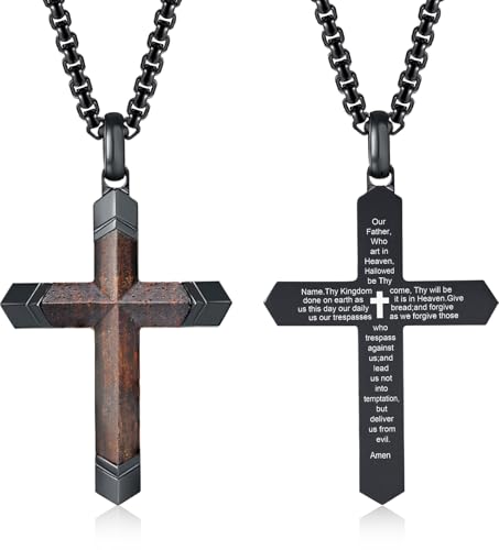 FLHEART Wooden Cross Bible Verse Necklace for Men, Hawaiian Handmade Real Black Ebony Wood Cross Pendant Stainless Steel Chain, Mens Cross Necklaces Koa Wood Jewelry Christian Baptism Easter Gifts - style: Lord's Prayer - 1pc