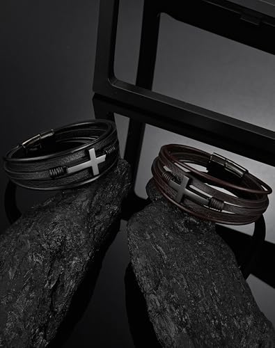 YL Mens Cross Viking Celtic Ankh Odin Compass Life Tree Leather Bracelet, 18K Gold/Black Rhodium Stainless Steel Christian Religious Protection Talisman Brown Cuff Handcrafted Jewelry Gifts - color: 18K White Gold-Cross A-Brown, size: 8.3"(210mm)