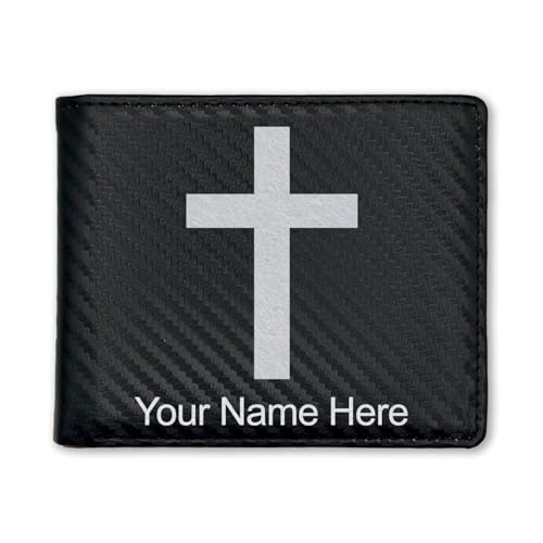 LaserGram Personalized Wallet, Christian Cross (Carbon Fiber Black/Silver) - color: Carbon Fiber Black with Silver
