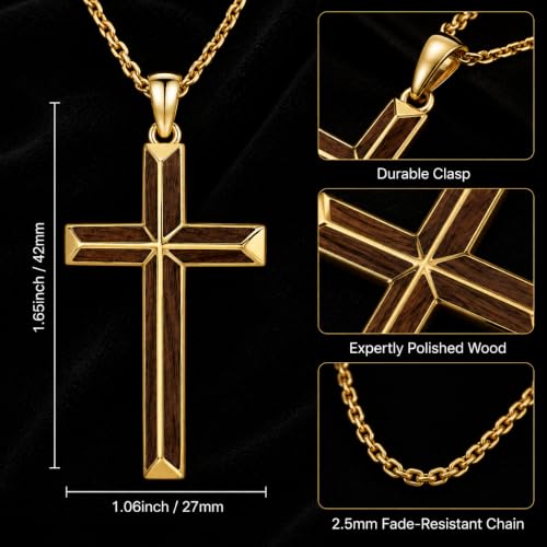 14K Gold Plated Wood Cross Necklace for Men Christian Pendant Jewelry - color: A03-Cross