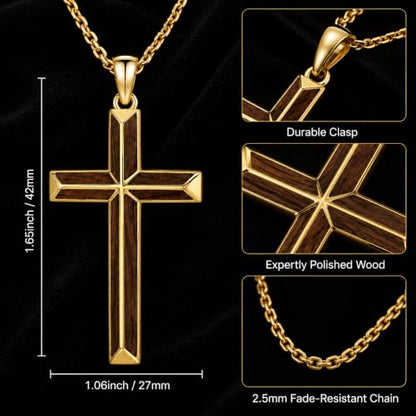 14K Gold Plated Wood Cross Necklace for Men Christian Pendant Jewelry - color: A03-Cross