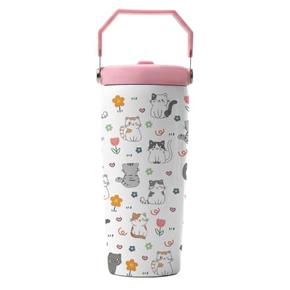 Hiboss Cat Tumbler with Handle and Flip Straw 28oz, Insulated Stainless Steel Cute Cats Travel Cup Mug, Christmas Birthday Gifts for Cat Lovers Kids Girls Teens Women - color: Cat