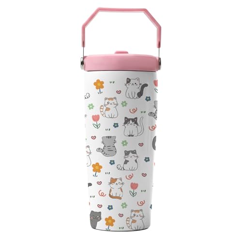 Hiboss Cat Tumbler with Handle and Flip Straw 28oz, Insulated Stainless Steel Cute Cats Travel Cup Mug, Christmas Birthday Gifts for Cat Lovers Kids Girls Teens Women - color: Cat