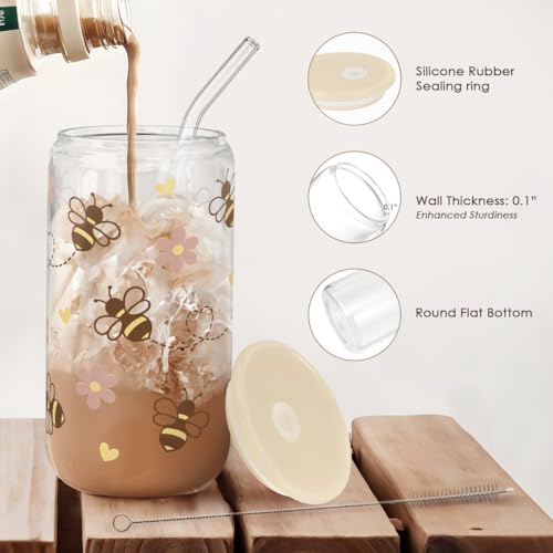 SANDJEST Bee 16oz Can Glass Tumbler with Acrylic Lid & Straw - Iced Coffee Cup for Women Girls, Aesthetic Cups Gifts for Birthday Christmas - color: Bee