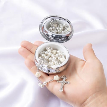 Rosary Beads Catholic - Confirmation Gifts for Teenage Girl, Silver Simple Style Metal Gift Box, White Artificial Pearls Rosary, Gifts for Women - color: Off White (flower)