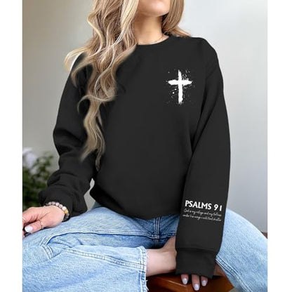 Women Christian Sweatshirt Psalms 91 Jesus Hoodie Religious Faith God Shirt Bible Verse Inspirational Pullover Tops - color: Black, size: Small