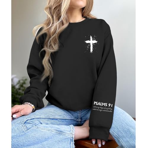 Women Christian Sweatshirt Psalms 91 Jesus Hoodie Religious Faith God Shirt Bible Verse Inspirational Pullover Tops - color: Black, size: X-Large