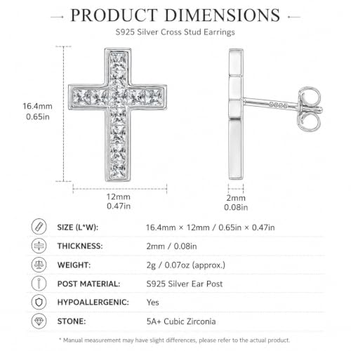 Dainty Cross Stud Earrings for Women, S925 Silver posts gold plated - color: White Gold