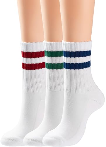 BomKinta Womens Striped Crew Socks Retro Above Ankle Cotton Sock Size 5-10 - color: 3 Pairs-red Green Blue