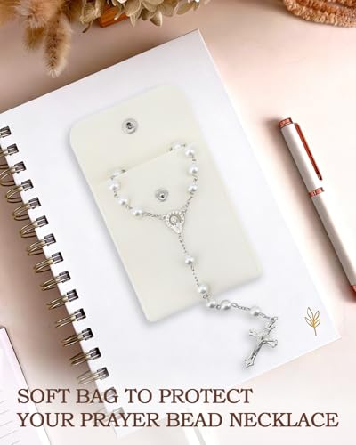 Rosary Beads for Women - Catholic Rosary Beads with Cross, Pink Crystal Rosary Necklace with Velvet Pouch, Religious Gifts for Women - color: White
