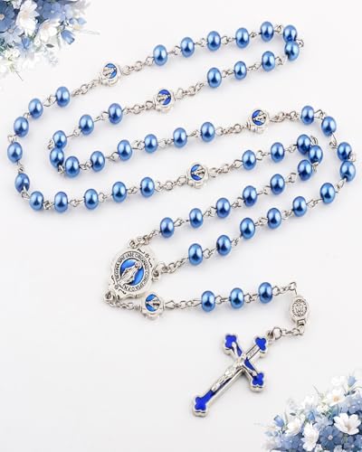 Catholic Rosary Necklace, Solid Glass Beads, Prayer Guide Included, Faith Gift for Women - color: blue