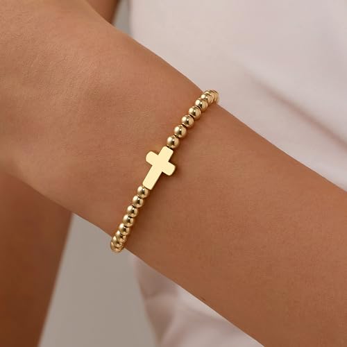 GINAZAL Gold Bead Bracelet for Women, Hypoallergenic Fade-Resistant | Brass | 14K Gold |Cubic Zirconia - color: Cross