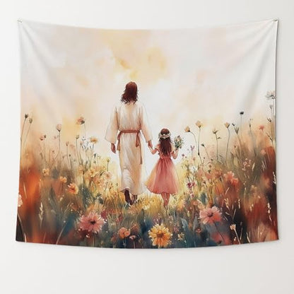 bitCNY Jesus and Girl Tapestry 60x50 Inches – Christian Tapestry for Kids Room, Gentle Faith Wall Hanging, Religious Art for Family Spaces - color: white-Jesus and Girl