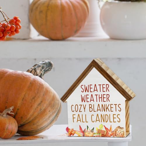 Fall Home Decor, Sweater Weather House Shaped Wood Block Sign - color: Sweater