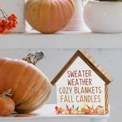 Fall Home Decor, Sweater Weather House Shaped Wood Block Sign - color: Sweater