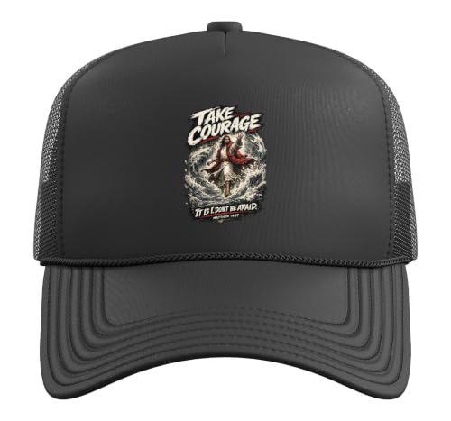 Take Courage It is I. Don't Be Afraid Bible Verse Art Trucker Hat with Adjustable Mesh Back - color: Black