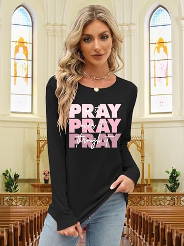 Christian Shirts for Women: Faith Over Fear T Shirt Religious Graphic Tee Bibel Verse Long Sleeve Tops - color: Black, size: Small