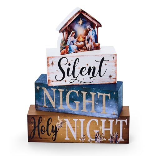 4 Pcs Christmas Nativity Set Decor Religious Nativity Scene Table Centerpieces Wooden Jesus Indoor Decoration Christian Silent Night Holy Night Block Sign for Xmas Winter Tiered Tray Mantle