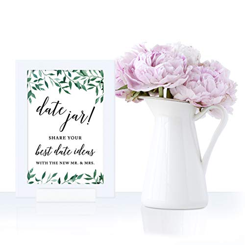 Andaz Press Framed Wedding Party Signs, Natural Greenery Green Leaves, 4x6-inch, Date Jar Share Your Best Date Idea with The New Mr. & Mrs. Sign, 1-Pack, Includes Reusable Photo Frame - color: Activities Date Jar