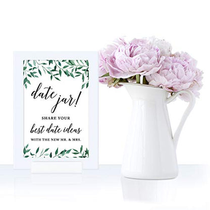 Andaz Press Framed Wedding Party Signs, Natural Greenery Green Leaves, 4x6-inch, Date Jar Share Your Best Date Idea with The New Mr. & Mrs. Sign, 1-Pack, Includes Reusable Photo Frame - color: Activities Date Jar