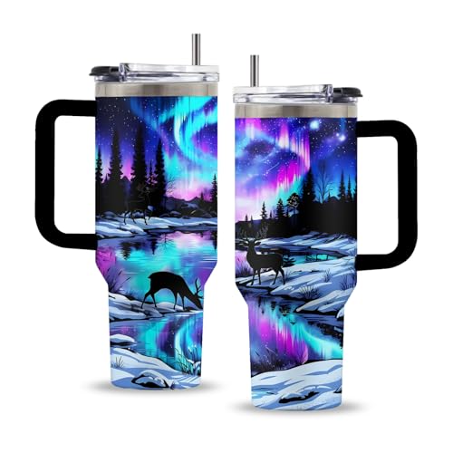 Aurora 40oz Tumbler, with Handle Straw, Funny Stainless Steel Mug - color: Aurora