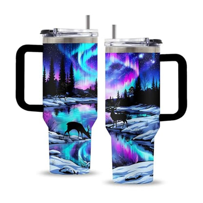 Aurora 40oz Tumbler, with Handle Straw, Funny Stainless Steel Mug - color: Aurora