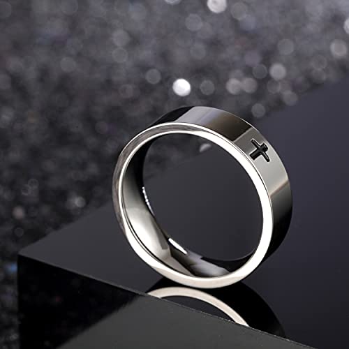 COLORFUL BLING 6MM Simple Polished Engraved Cross Stackable Ring Stainless Steel Silver Christian Cross Ring Sideways Religious Wedding Band Jewelry