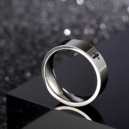COLORFUL BLING 6MM Simple Polished Engraved Cross Stackable Ring Stainless Steel Silver Christian Cross Ring Sideways Religious Wedding Band Jewelry