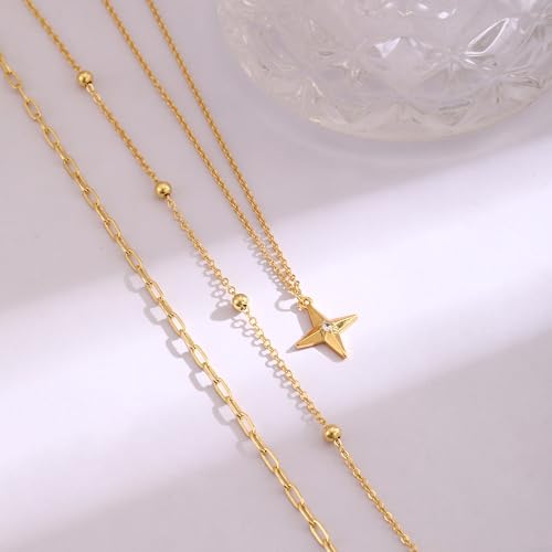 Layered Gold Necklace for Women, 14K Gold Plated Necklace Stack Set, Dainty Pendant Necklace Non Tarnish, Fashion Bow CZ Circle Star Hammered Cross Jewelry Gift for Women - color: Gold-02
