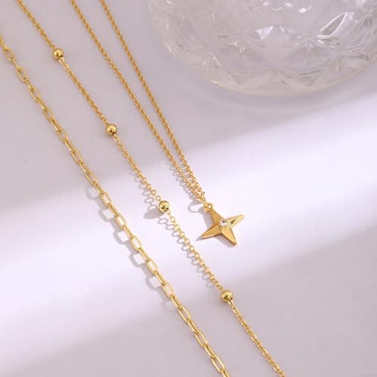 Layered Gold Necklace for Women, 14K Gold Plated Necklace Stack Set, Dainty Pendant Necklace Non Tarnish, Fashion Bow CZ Circle Star Hammered Cross Jewelry Gift for Women - color: Gold-02