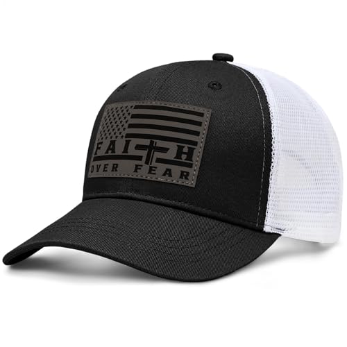 Faith Over Fear Christian Hats for Men Women, American Flag Trucker Hat, Religious Gifts for Thanksgiving Christmas - color: Black/White