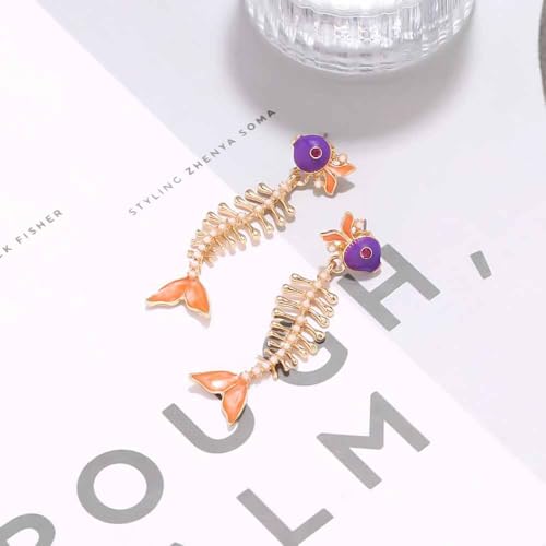 Fish Bone Earrings Drip Oil Animal Earrings Colorful Crystal Sparkly Enamel Earrings Creative Long Fishbone Earstud Dangle Fish Drop Earrings Jewelry for Women - color: Orange