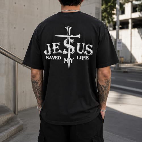 Christian Jesus Cross Shirts for Men Jesus Saved My Life T-Shirt God Tee - color: Black, size: Medium