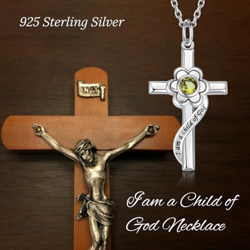I am a Child of God Necklace - 925 Sterling Silver Birthstone Flower Cross Pendant Religious Jewelry Baptism First Communion Confirmation Gifts for Girls - style: Aug.