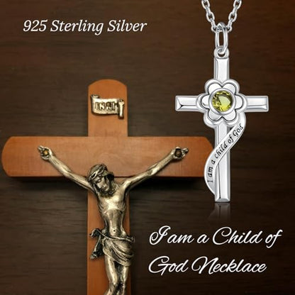 I am a Child of God Necklace - 925 Sterling Silver Birthstone Flower Cross Pendant Religious Jewelry Baptism First Communion Confirmation Gifts for Girls - style: Aug.