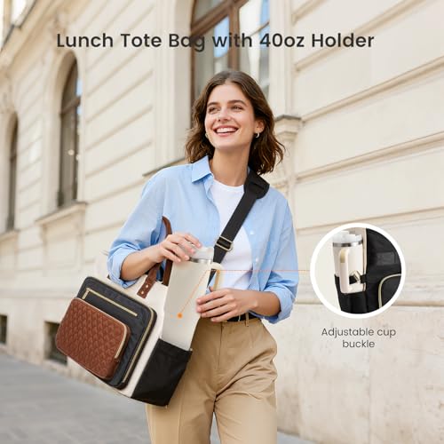 LOVEVOOK Lunch Tote Bag for Women, 3 in 1 Work Bag with Insulated Lunch Compartment & 40oz Large Cup Holder & Multi-Pockets, 15.6" Laptop Bag for Office/Daily/Travel, Gifts for Teacher Nurse Mom - color: Black-beige-brown, size: 15.6 inch with Lunch Compa