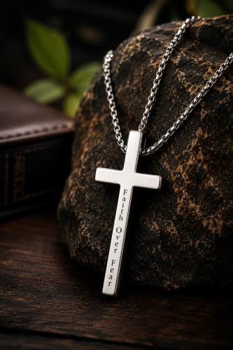 Engraved Cross Necklace for Men, Women & Boys & Girls Cross Necklace, Stainless Steel Cross Pendant Necklace, Faith & Inspiration Christian Jewelry Gift - color: Faith Over Fear