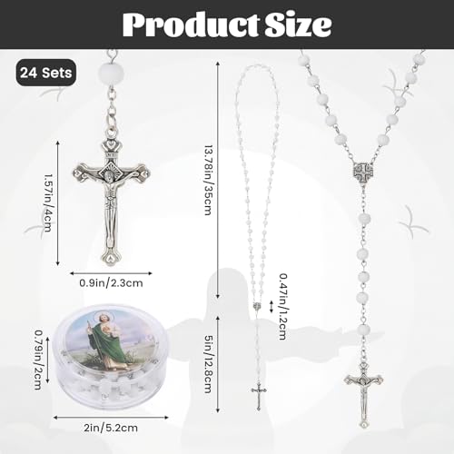 24 Pcs Red/White Rosary Beads Bulk, Jesus Cross Rosarios Catolicos, Virgen De Guadalupe Wooden Beads Rosary Necklace with Box, Catholic Gifts Funeral Baptism Favors First Communion Favors for Guests - color: White
