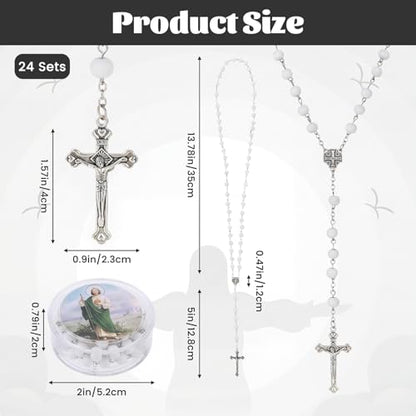 24 Pcs Red/White Rosary Beads Bulk, Jesus Cross Rosarios Catolicos, Virgen De Guadalupe Wooden Beads Rosary Necklace with Box, Catholic Gifts Funeral Baptism Favors First Communion Favors for Guests - color: White