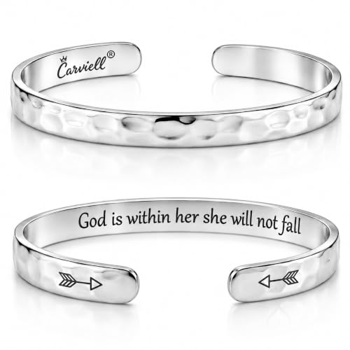 Carviell Bracelets for Women – 100+ Meaningful Engraved Messages – Solid 316L Surgical Stainless Steel Cuff Bracelet – Gift Ready - color: CHRISTIAN GIFT - God is within her, she will not fall.