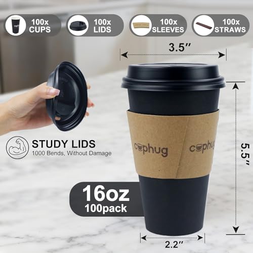 16oz Disposable Coffee Cups with Lids, Kraft Sleeves & Straws, 100 Pack Black Paper Hot Drink Cups - color: Black, size: 16oz-100Pack