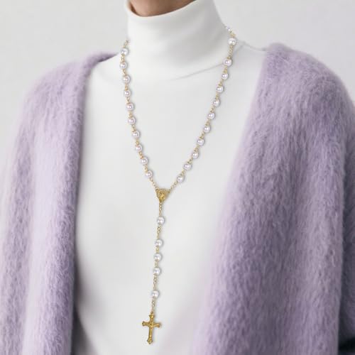 Rosary Necklace for Women, Cross Jewelry Pearl White Rosary for Women Men, Wedding Small First Holy Communion Gifts Rosarios Catolicos Rosary Beads, Pearl Necklace Catholic Chain for Mother