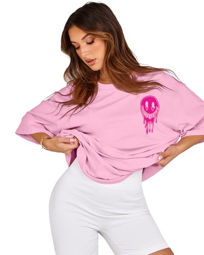 Womens Oversized Tshirt Graphic Tees Crew Neck Summer Short Sleeve Tops - color: A-letter Print Pink, size: Medium