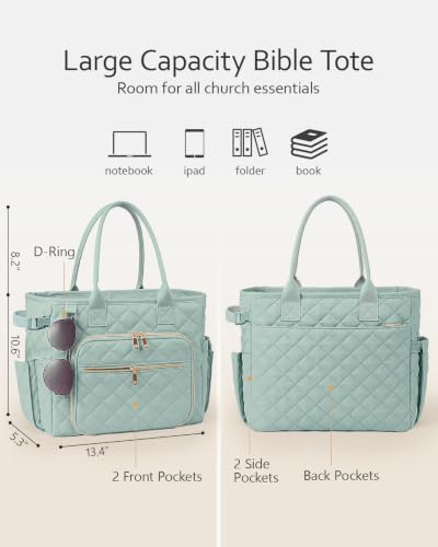 Large Bible Bag with Bible Cover Case for Women, Quilted Bible Tote Bag - color: Sage Green