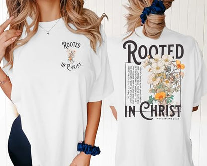 Rooted in Christ Shirt Christian Shirts for Women Jesus Oversized Tshirt - color: White, size: XX-Large