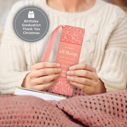 Christian Art Gifts Faux Leather Bookmark for Women: He Works All Things - color: Peach - All Things