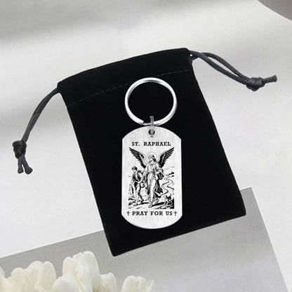 Alotozo St. Raphael Gifts - Saint Raphael Keychain for Mens Women, Patron Saint of Healing Travelers Gifts, Birthday Christmas Gift for Son Daughter Friend