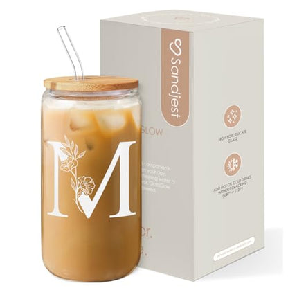 SANDJEST Monogrammed Gifts for Women - Monogram M Initial Glass Cup 16 Oz Can Coffee Cups with Lid and Straw - Monogram Initials Gifts for Womens on Birthday - color: Initial M